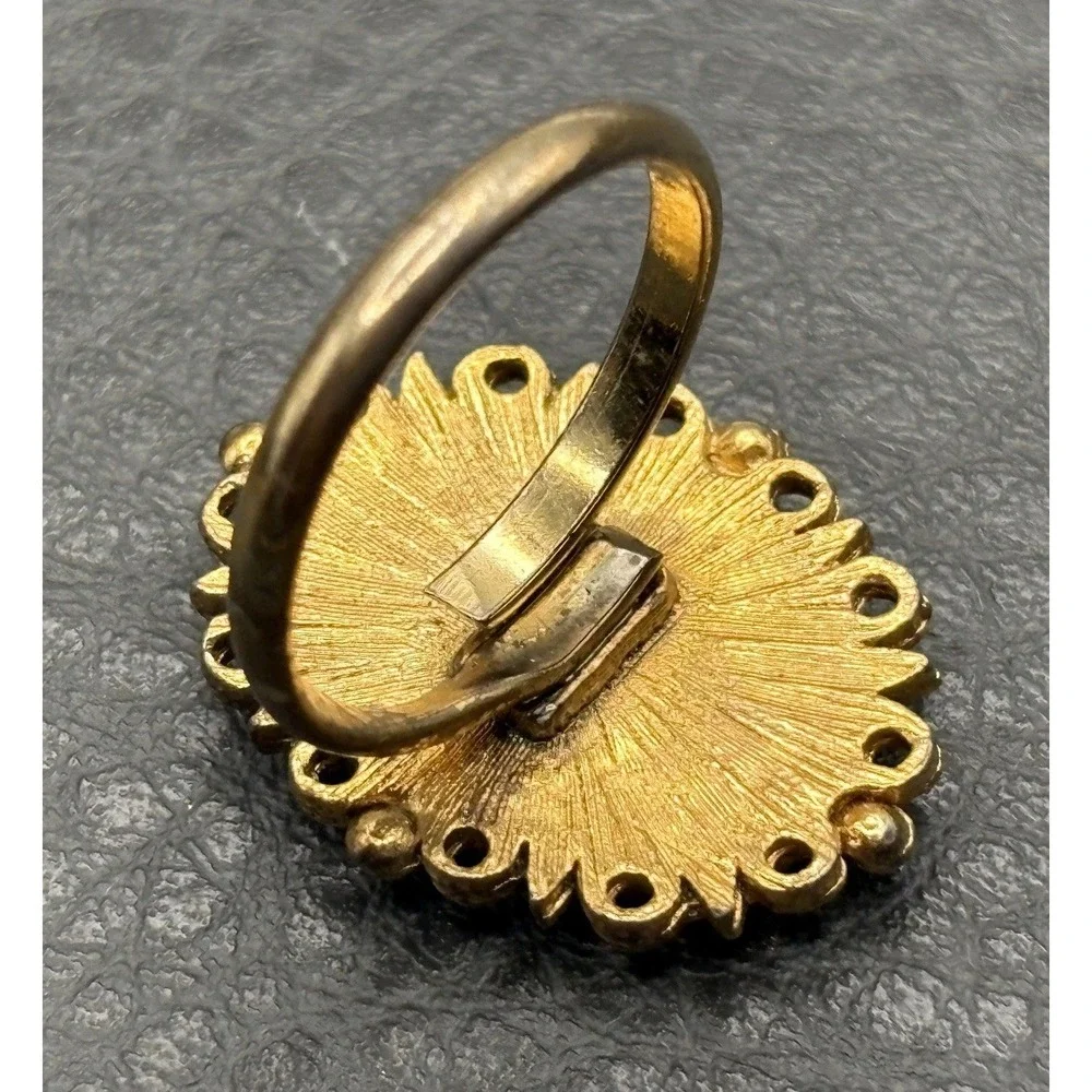 Vintage Guilloche Enamel Ornate Rose Cameo Ring Adjustable Gold Tone